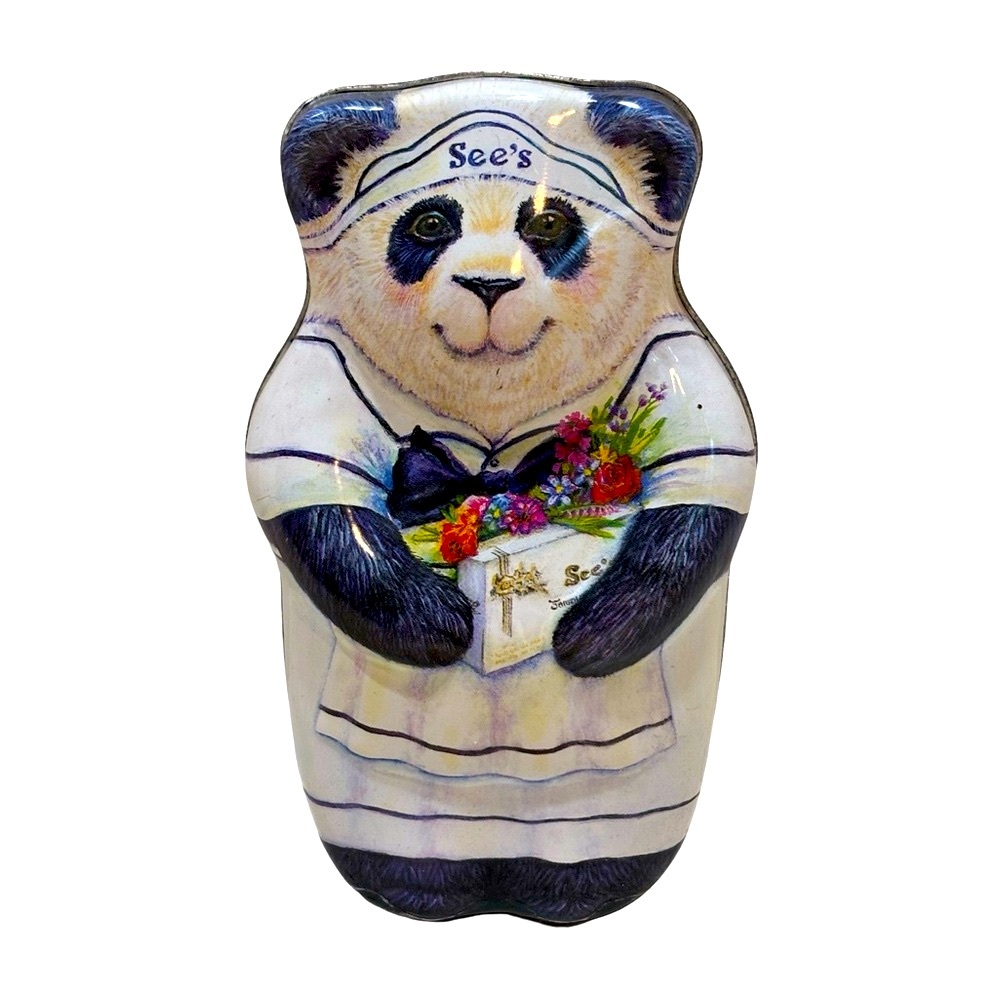 Vintage 1990s See’s Candy Panda Tin with Floral‎ Design